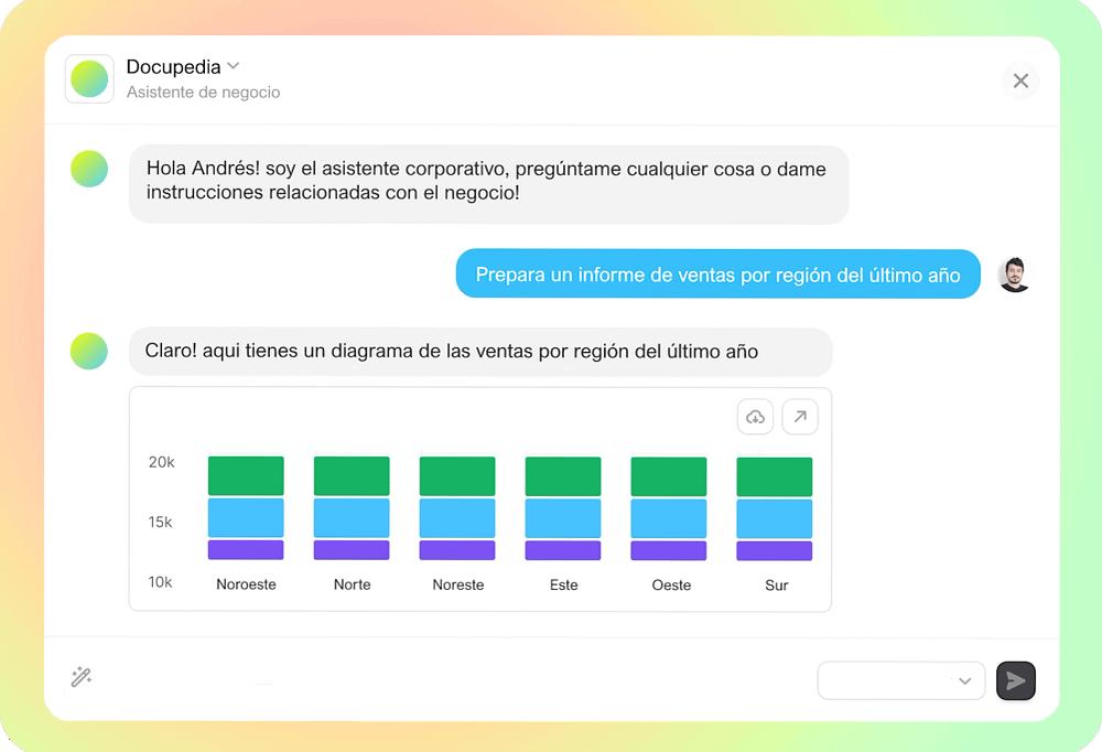 Andrés le pide a Docupedia que prepare un informe de ventas por región del último año, basándose en los documentos que ha subido a la plataforma.